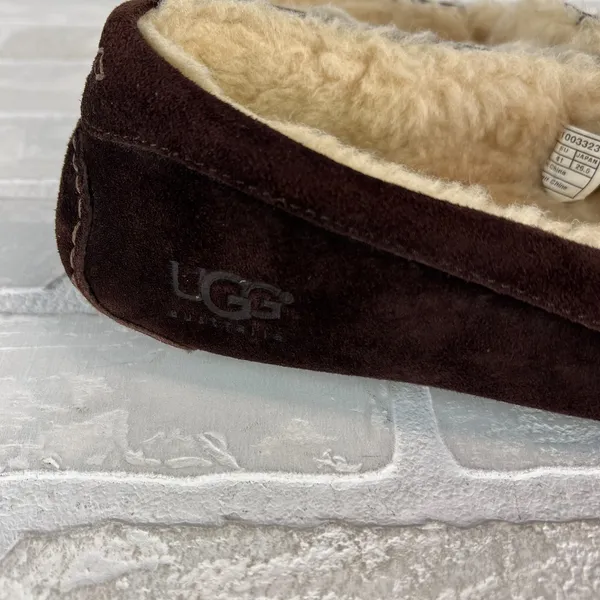 UGG Ansley Moccasin Slippers Womens 10 Brown Suede Shearling Fur Lined Zip Charm - Image 4