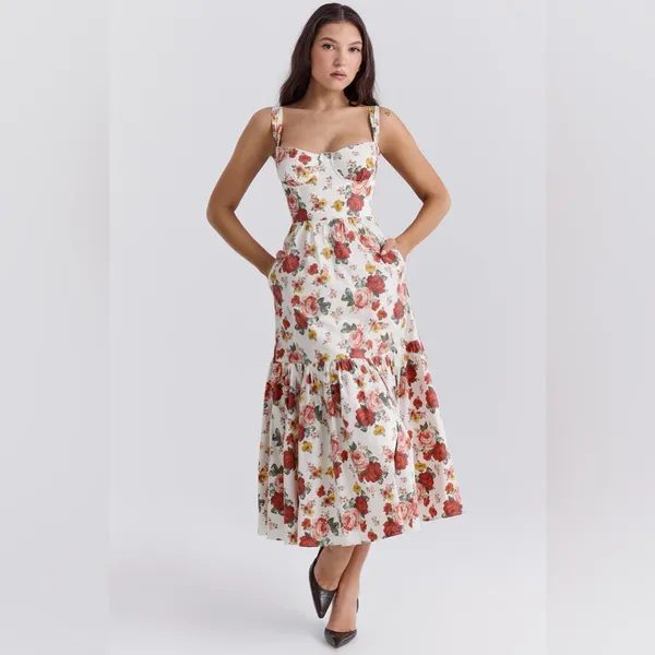House of CB Elia Italian Rose Print Cotton Midi Sundress Plus cup - Image 5