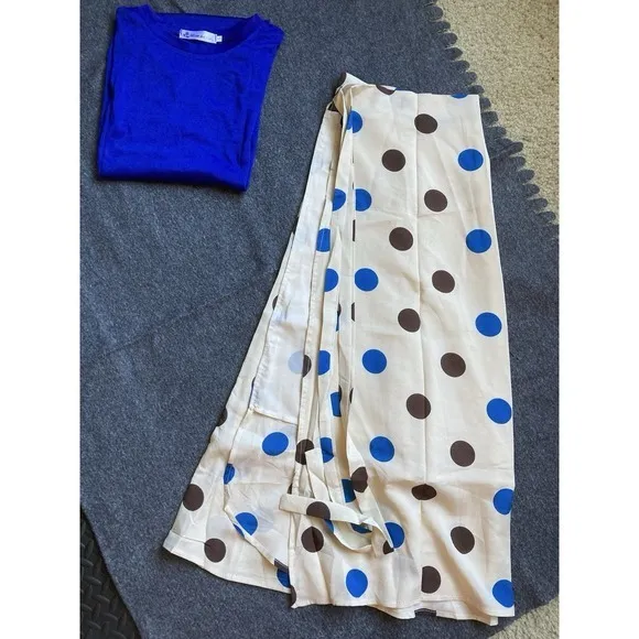 Chic Blue Tee and‎ Polka Dot Wrap Skirt Set Vintage Style Adjustable Waist S new - Image 8