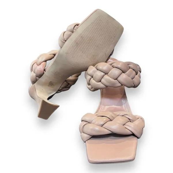 Marc Fisher Womens Hammy Heeled Sandal 8.5M Leather Chunky‎ Woven Straps Beige - Image 7