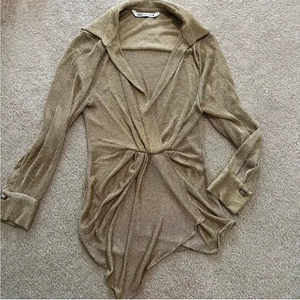 Zara NWT gold metallic knit ruched long sleeve blouse top semi sheer - Image 11