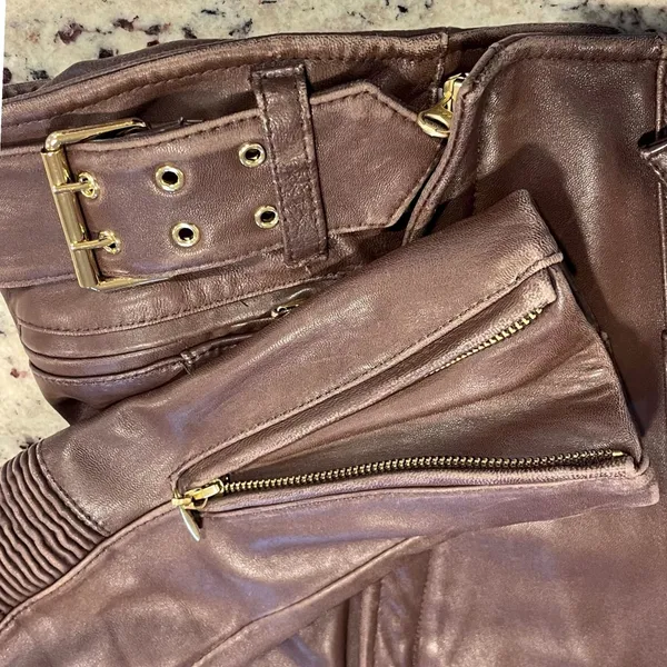 Via Spiga Moto Jacket Women S Brown Leather Biker Quilted Ribbed Gold Hardware - Image 6