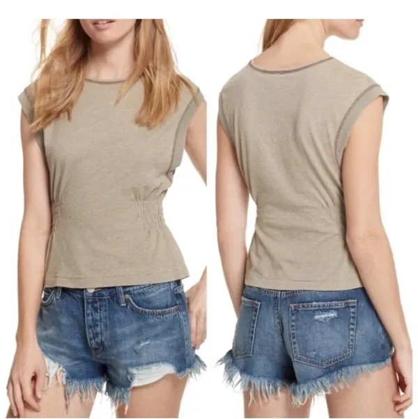 Free People We The Free Cinch Me Tee Top Khaki Beige Ruched Waist Size M Cotton - Image 2