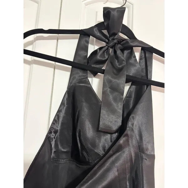 Moon Collection Sultry Satin Black Mesh Ruffle‎ Bow Halter Bodysuit Small - Image 8