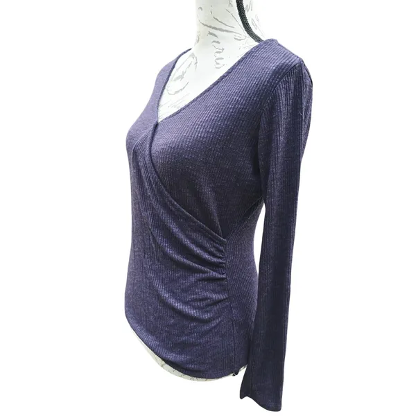 Rock‎ & Republic 53R Womens Purple Ribbed Faux Wrap Long Sleeve V-Neck Top Small - Image 3