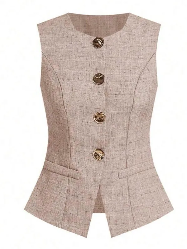 SHEIN Beige Tweed Sleeveless Peplum Button Front Top - Image 2