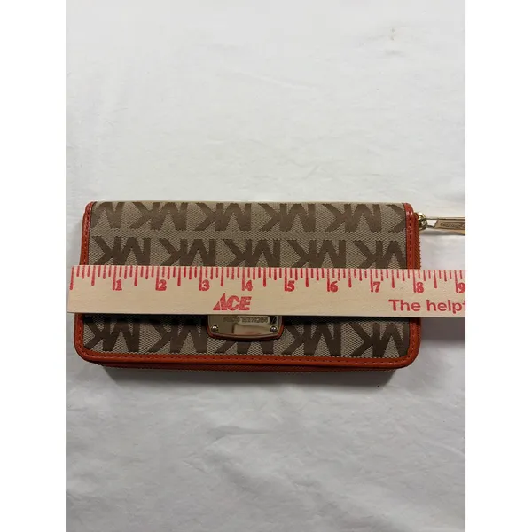 Michael Kors Jet Set Wallet Brown Monogram Canvas Orange Leather Zip Around - Image 7