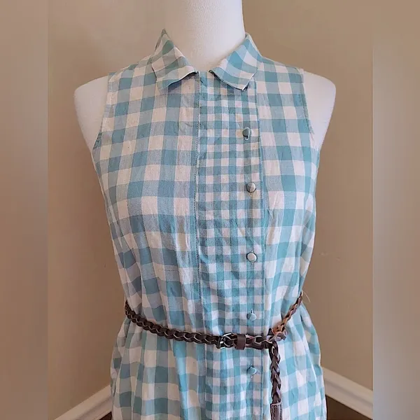 Gingham Shirt Dress Beige & Green Sleeveless Belted Mod Cottagecore Country - Image 2