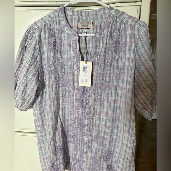 Johnny Was Malo Puff Sleeve Blouse S NWT Lavender Plaid - Image 3