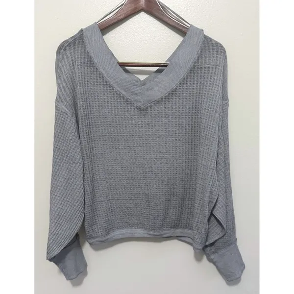 Free People We‎ The Free South Side Waffle Knit Thermal Charcoal Gray Sz XS - Image 2