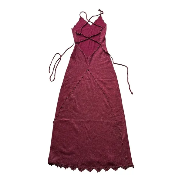 Burgundy Metallic Knit Maxi Dress Crochet Lace Trim Lace Up Back Wine Red Gown - Image 2
