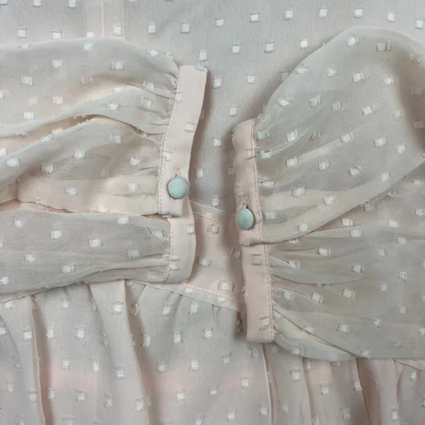 LOFT Women Sz Medium Pale‎ Pink Clip Dot V-Neck Peplum Blouse Sheer Long Sleeve - Image 3