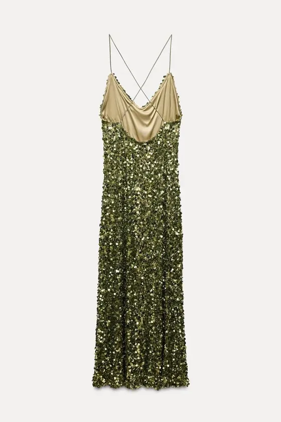 Zara Green Sequin Gown Maxi Dress Holiday Party Evening Festive Christmas - Image 10