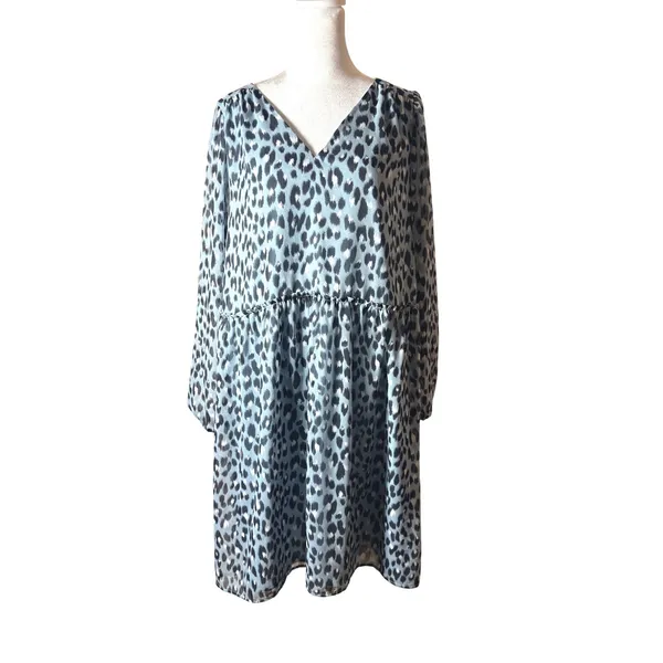 LOFT Shift Dress Womens XL Blue Excellent Leopard Print Drop‎ Waist V-Neck - Image 2