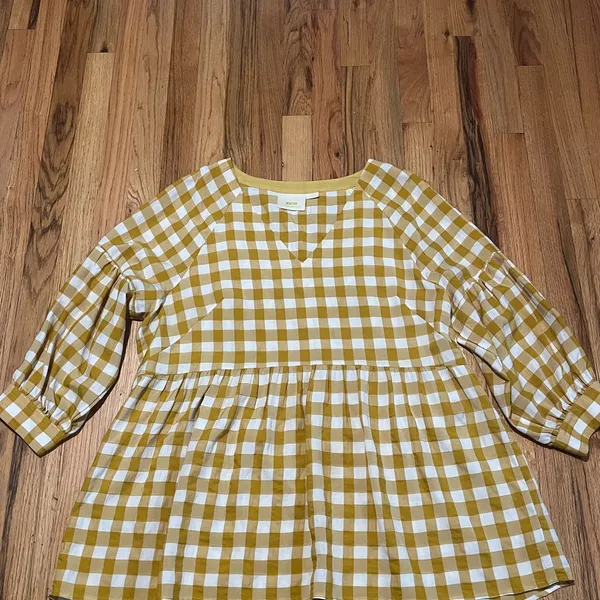 Maeve Mustard Gingham Peplum Blouse Women’s L 3/4 Sleeve Tunic - Image 2