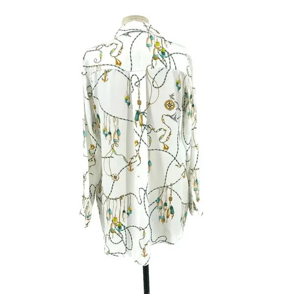 Zara Button Down Nautical Chain Printed Long Sleeve‎ Blouse White Size Small - Image 5