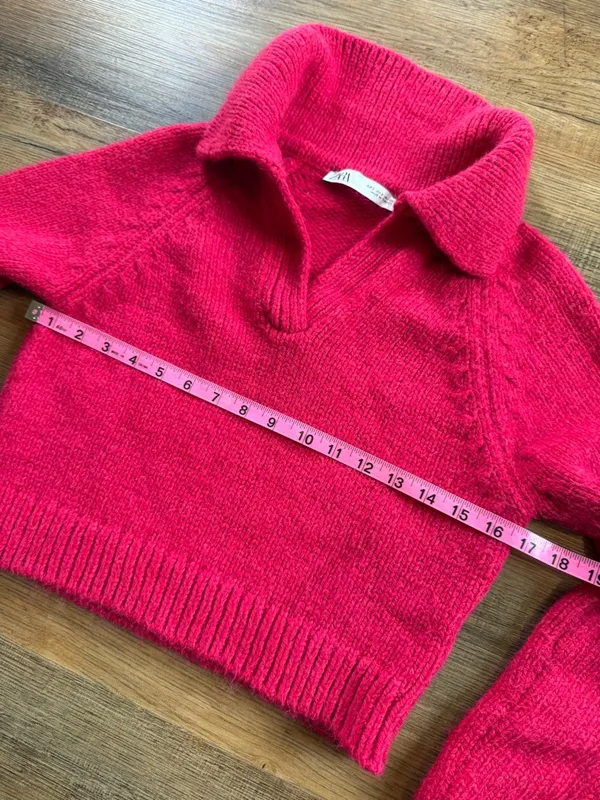 Zara Bright Fuchsia Collared Cropped V-Neck Sweater Size small Barbiecore - Image 7