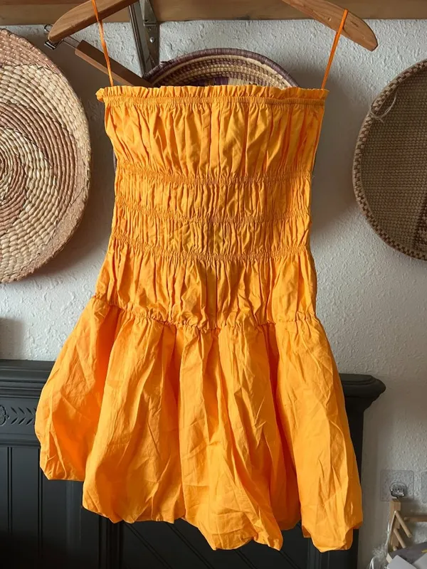 Bubble smocked strapless Mini Dress Game Day Sweetheart in Marigold Orange XS - Image 5