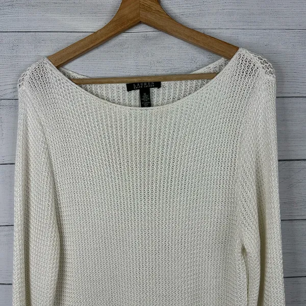 Ralph Lauren LRL Womens XL Open Knit Crochet Long Sleeve Sweater White Beachy - Image 3