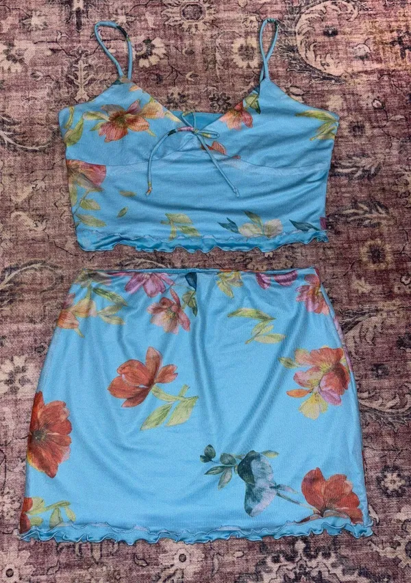 SheIn Baby Blue Vacation Mesh Two Piece Set With Floral Design Tropical - Image 3
