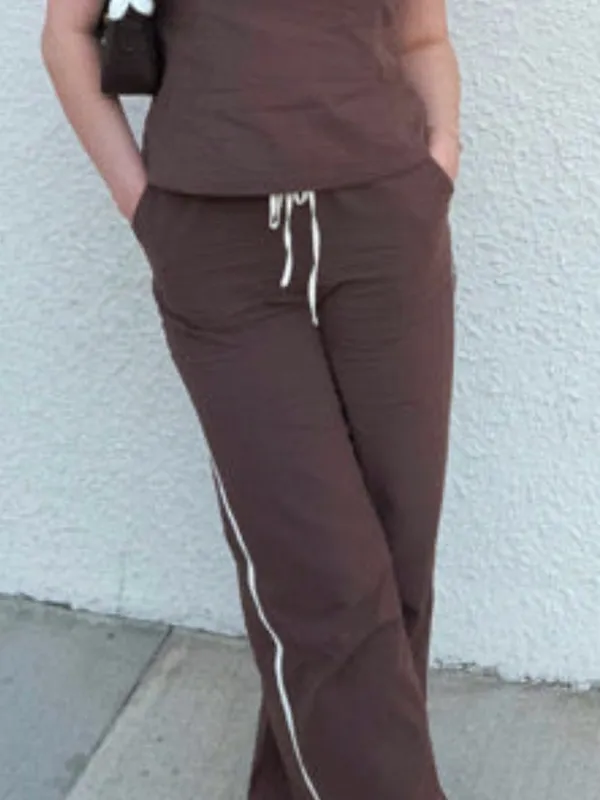 Women's Brown Wide-Leg Lounge Top and Pants Set - Image 4