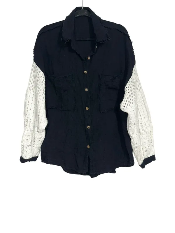 POL Black Gauze Crochet Sleeves Button Up Oversized Shacket SMALL - Image 2