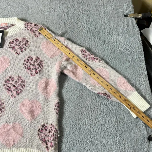 Glitz‎ & Ears Sweater Womens M Pink Cream Fuzzy Leopard Heart Pearl Sweater NEW - Image 10