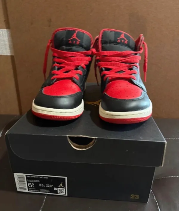 Air Jordan Nike 1 Mid GS black /fire red- white 6.5 youth - Image 2