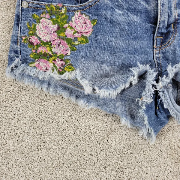 American Eagle Women Cutoff Jean Micro Shorts 4 Blue Denim Floral Embroidery - Image 6