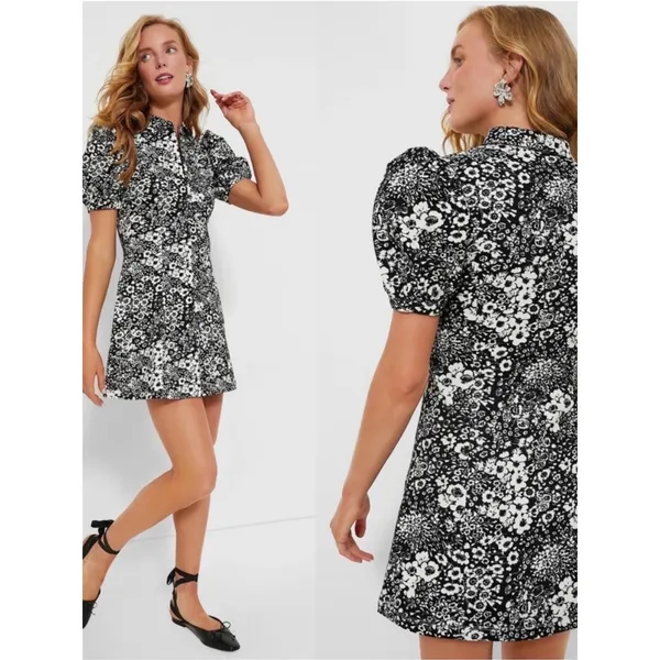 Hyacinth House Dress Chrysanthemum Front Zip Mini Puff Sleeve Black White Floral - Image 4