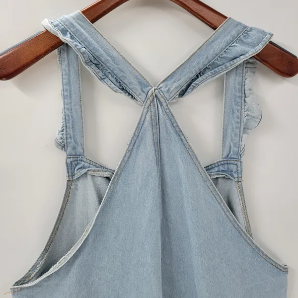 Polagram Overall Button Up Denim Jumpsuit Womens L Blue Light Wash Ruffle Straps - Image 11