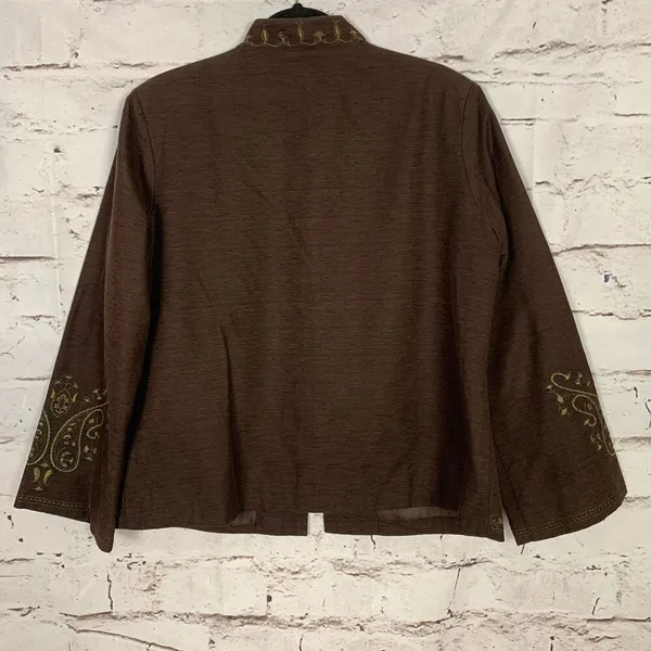 Silkland Blazer Jacket Womens XL Embroidered Paisley Brown Green Lined Silk - Image 2