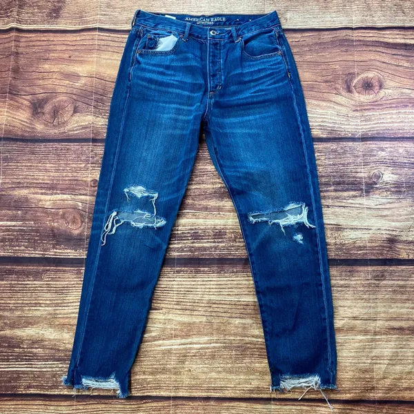 American Eagle Hi-Rise Girlfriend Distressed Medium Wash Womens Blue Jeans sz 8 - Image 2