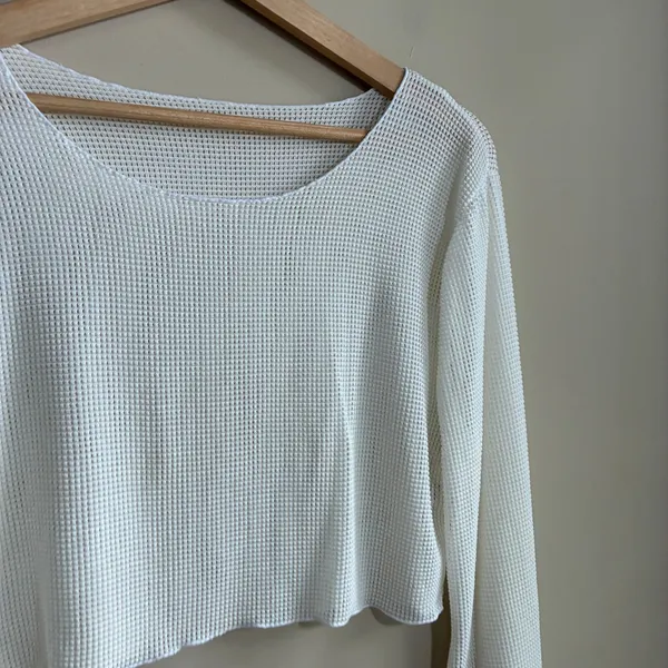 Unbranded Waffle Mesh Crop Top S White Womens Long Bell Sleeve Polyamide - Image 2