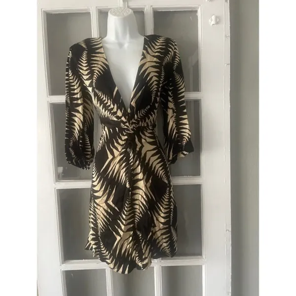 Ba&sh Black Tan Palm Leaf Twist Front V-Neck Mini Dress - Image 9
