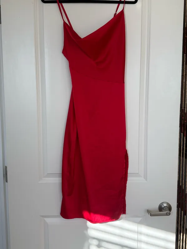 Elegant Red Satin Cowl Neck Midi Slip Dress Formal Holiday XS - Image 3