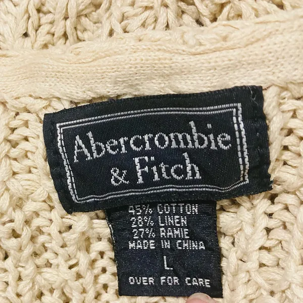 Abercrombie and Fitch tan linen blend textured knit crewneck cardigan. Large. - Image 5