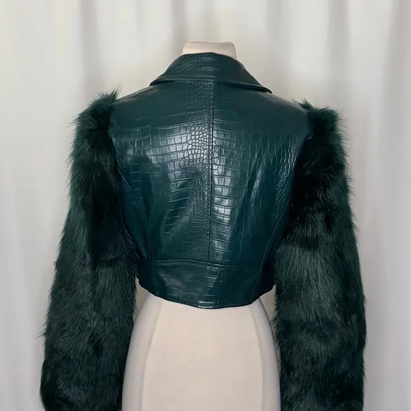 AZALEA WANG Nolla Faux Fur Arms Croc Moto Jacket Jade Green Vegan Leather Medium - Image 10