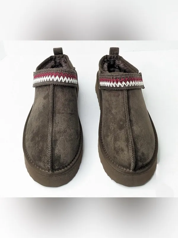 Women’s Brown FauxSuede Slip-On Loafers with Red & White Accent Strap Size 9 - Image 2