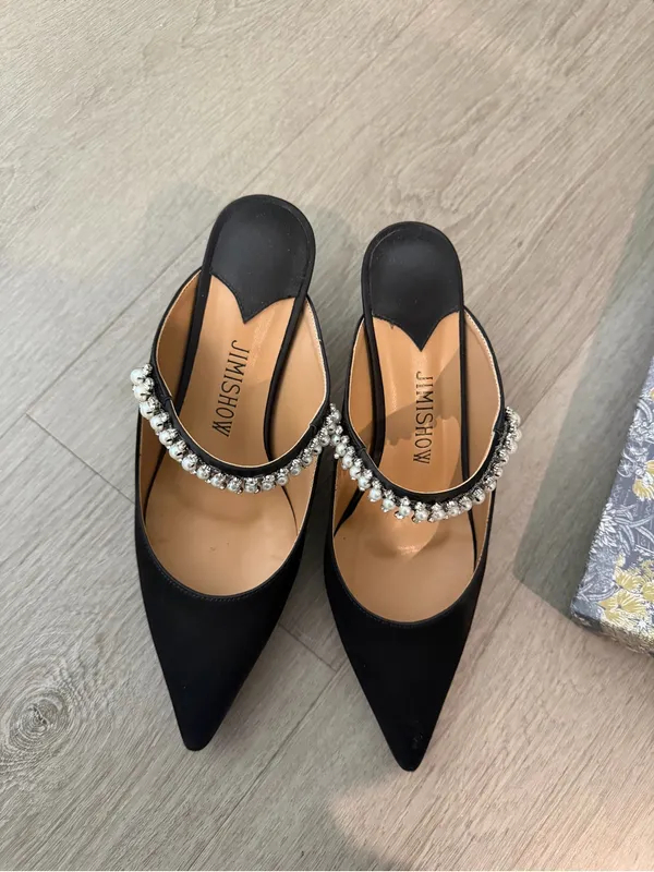 Black Crystal-Embellished Pointed Mules - Image 2