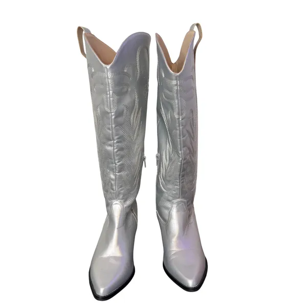 Metallic Silver Knee High Western Boots Womens 8.5 Vegan Leather Western‎ Rodeo - Image 3