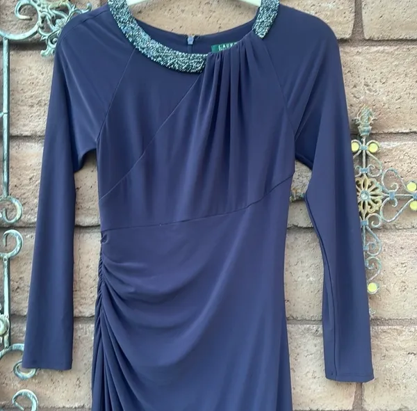 Ralph Lauren Evening Gown Dress Beaded Necklace Long Sleeve Maxi Purple Size 4 - Image 3