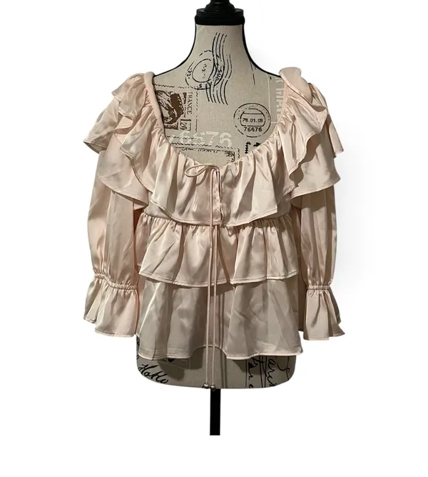 Francescas Ella Ruffle Tiered Satin Blouse Pink Off Shoulder Coquette NWT Medium - Image 2