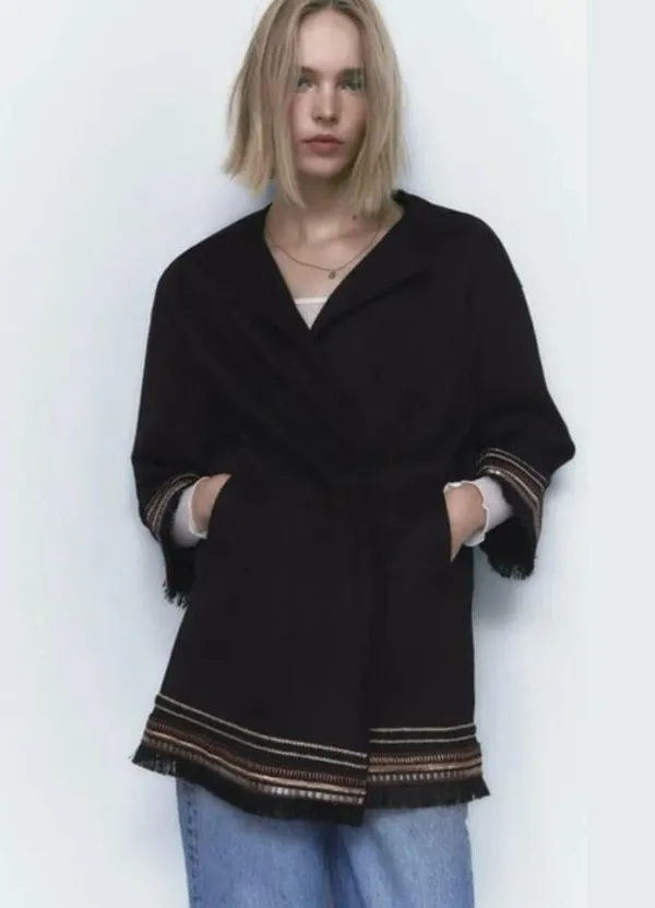 ZARA Women's L Combination Faux Suede Embroidered Jacket Boho Western Black - Image 16