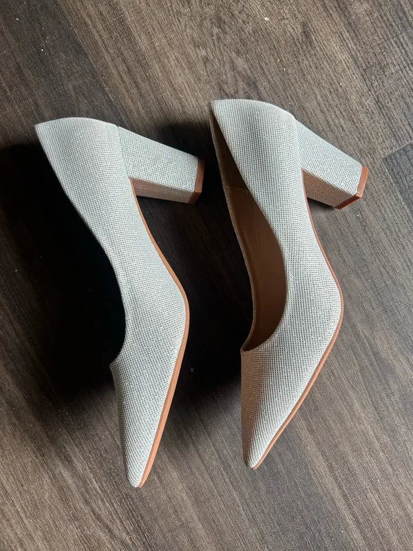 Silver, gray textured fabric pointed toe block heel court shoes - Image 4