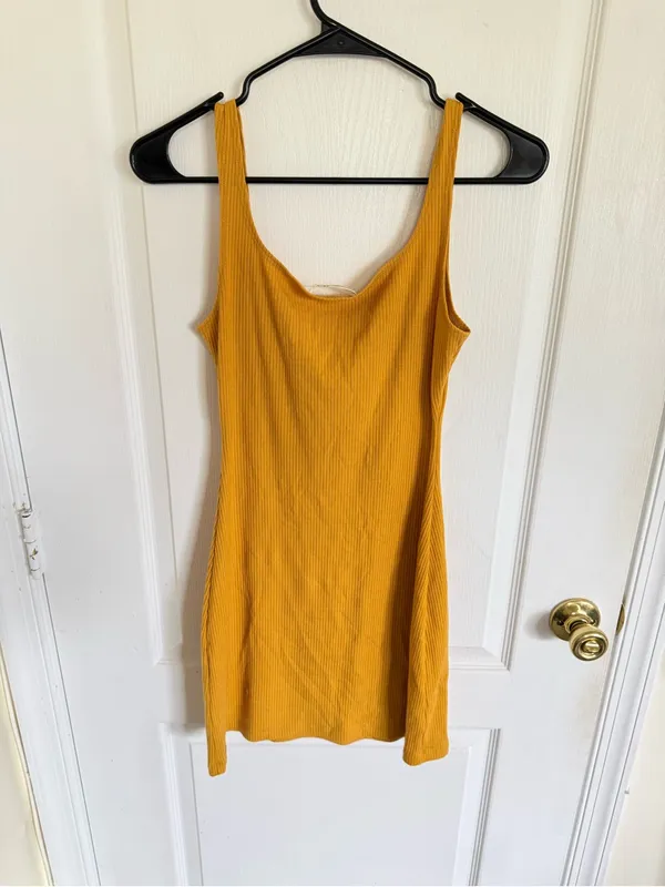 Reformation Mustard Yellow Ribbed Square-Neck Mini Dress - Image 6