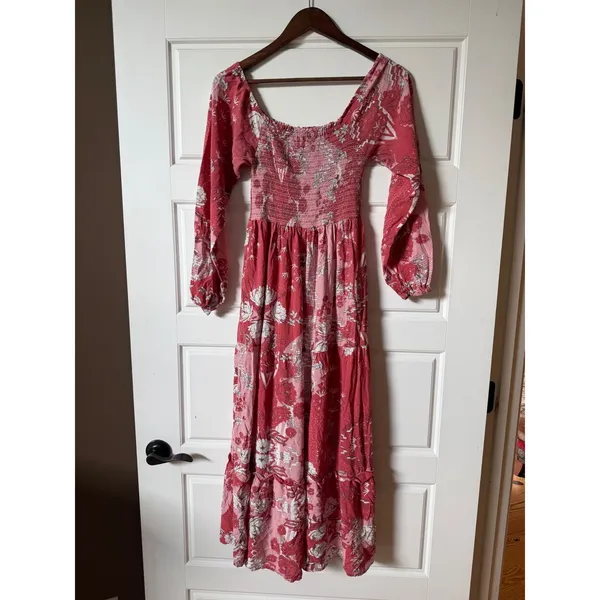 Natural Life Pink Floral Smocked Midi Dress‎ Small Boho Cottagecore - Image 2