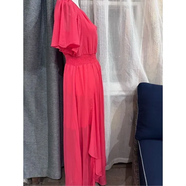Express Womens coral Chiffon Maxi Dress V-Neck Smocked Waist Flutter Sleeve Med - Image 4