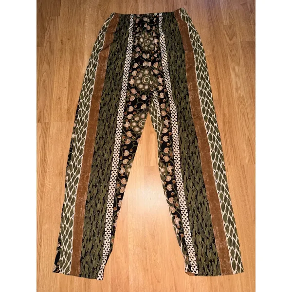 Vintage Mixed Print Wide Leg Pants Olive Green Boho Rayon Large - Image 2