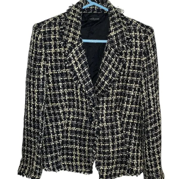 Silkland Black Cream Tweed Plaid Silk Suit Jacket blazer Old Money classic - Image 10